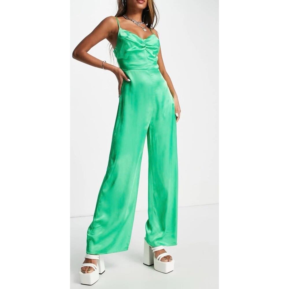 Bershka NWT ruched detail satin Jumpsuit in bright green Size Xsmall ASOS